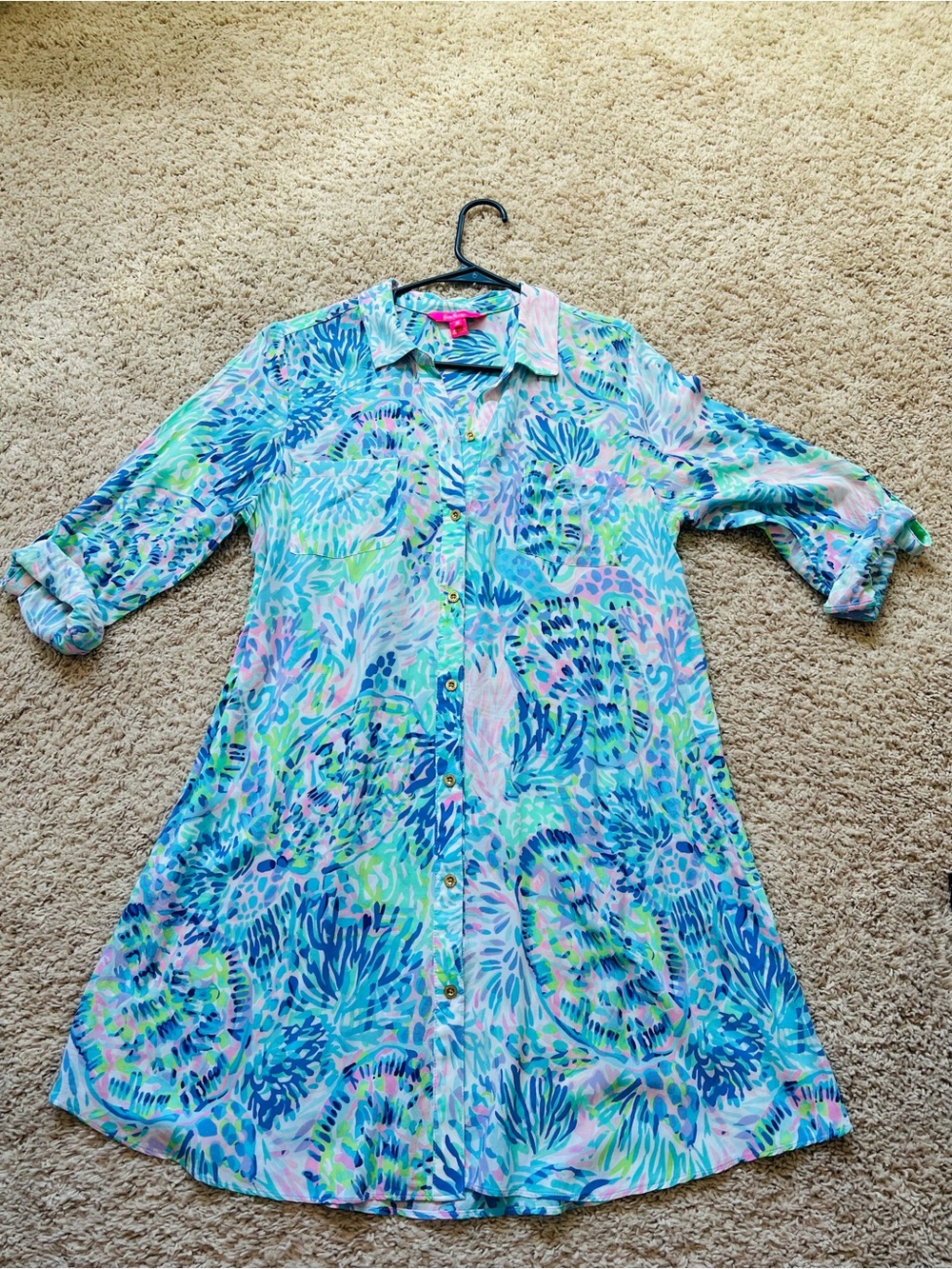 $98 Lilly Pulitzer Turquoise Blue Pink Green Palm-Print Shirtdress - Picture 11 of 11
